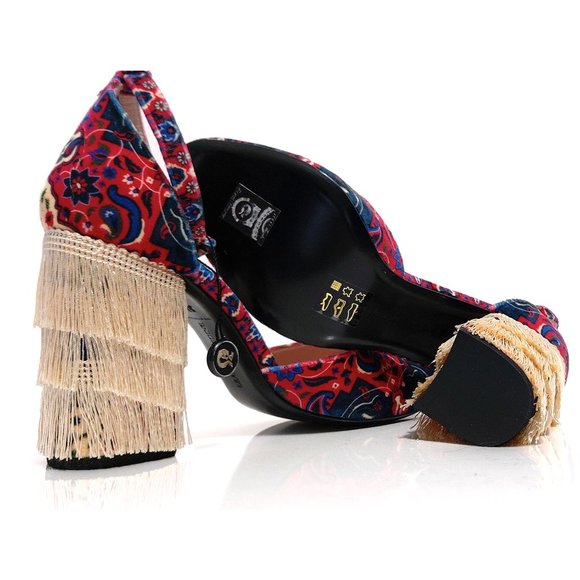 Leandra Medine Batik Print Fringe d’Orsay Pumps Women 38 EU - Picture 8 of 9
